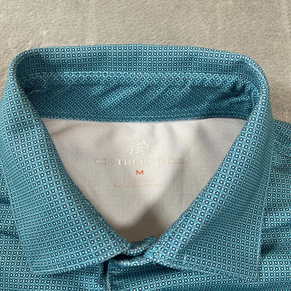 Southern Tide Mens Polo Shirt Size M Performance Teal Blue Geometric Print - Picture 3 of 5